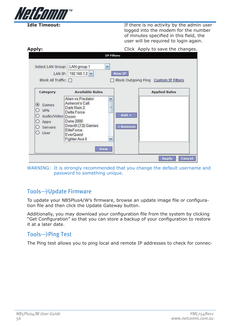 Tools>update firmware, Tools>ping test | Nortel Networks NB5PLUS4/W User Manual | Page 56 / 112