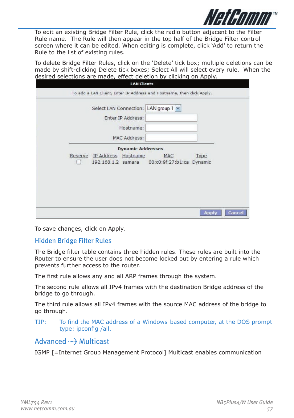 Advanced > multicast, Hidden bridge filter rules | Nortel Networks NB5PLUS4/W User Manual | Page 57 / 112