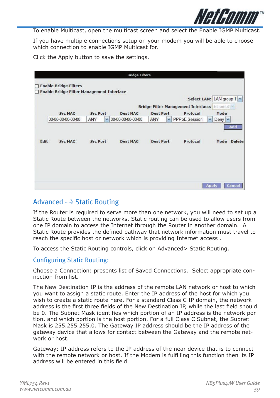 Advanced > static routing, Configuring static routing | Nortel Networks NB5PLUS4/W User Manual | Page 59 / 112