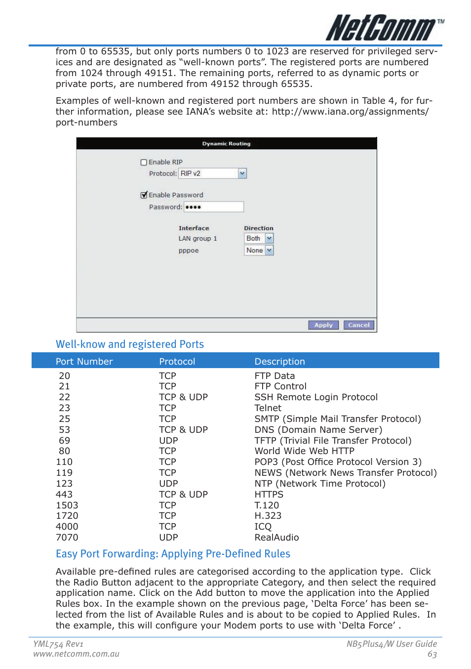 Well-know and registered ports, Easy port forwarding: applying pre-defined rules | Nortel Networks NB5PLUS4/W User Manual | Page 63 / 112