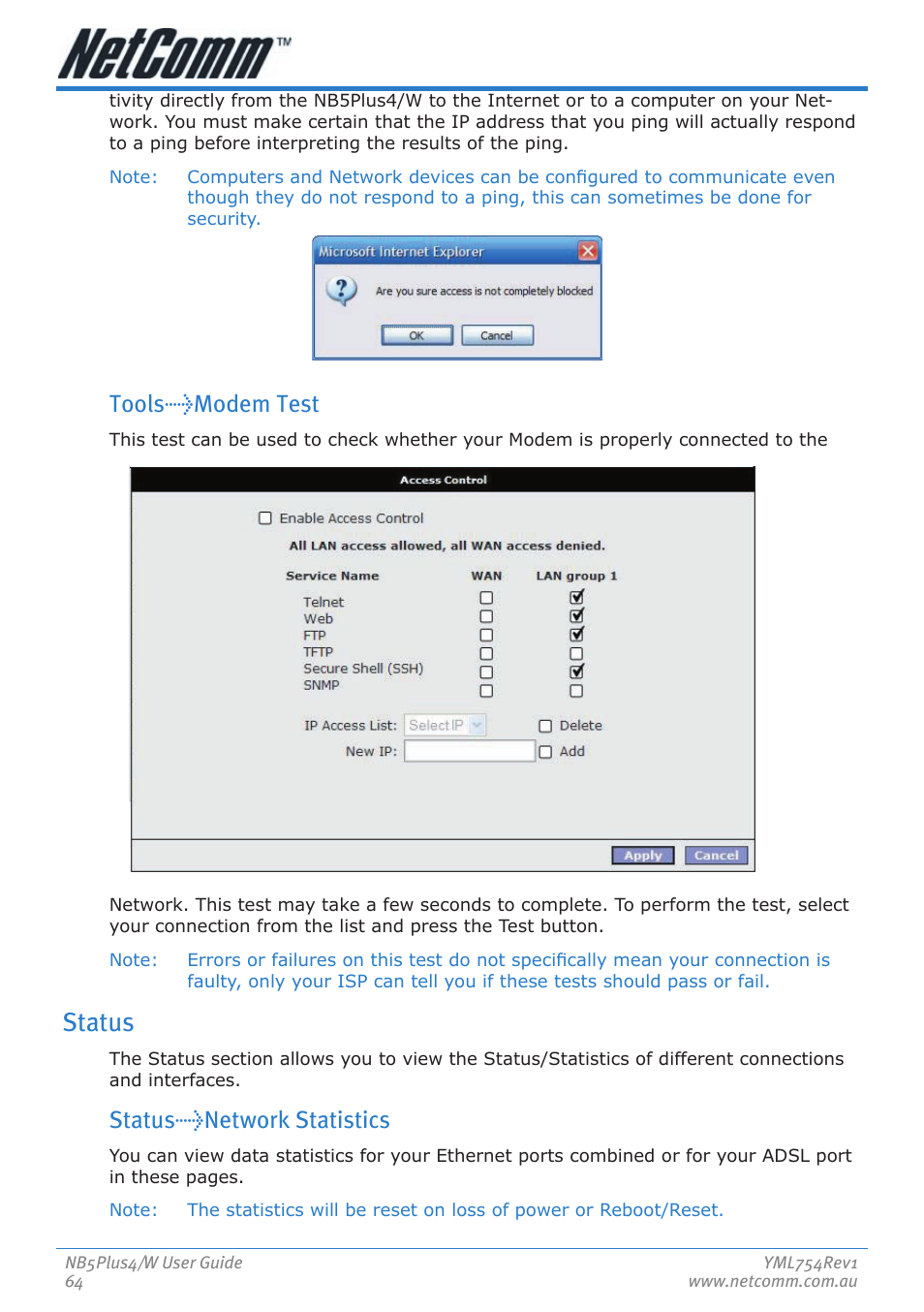 Status, Tools>modem test, Status>network statistics | Nortel Networks NB5PLUS4/W User Manual | Page 64 / 112