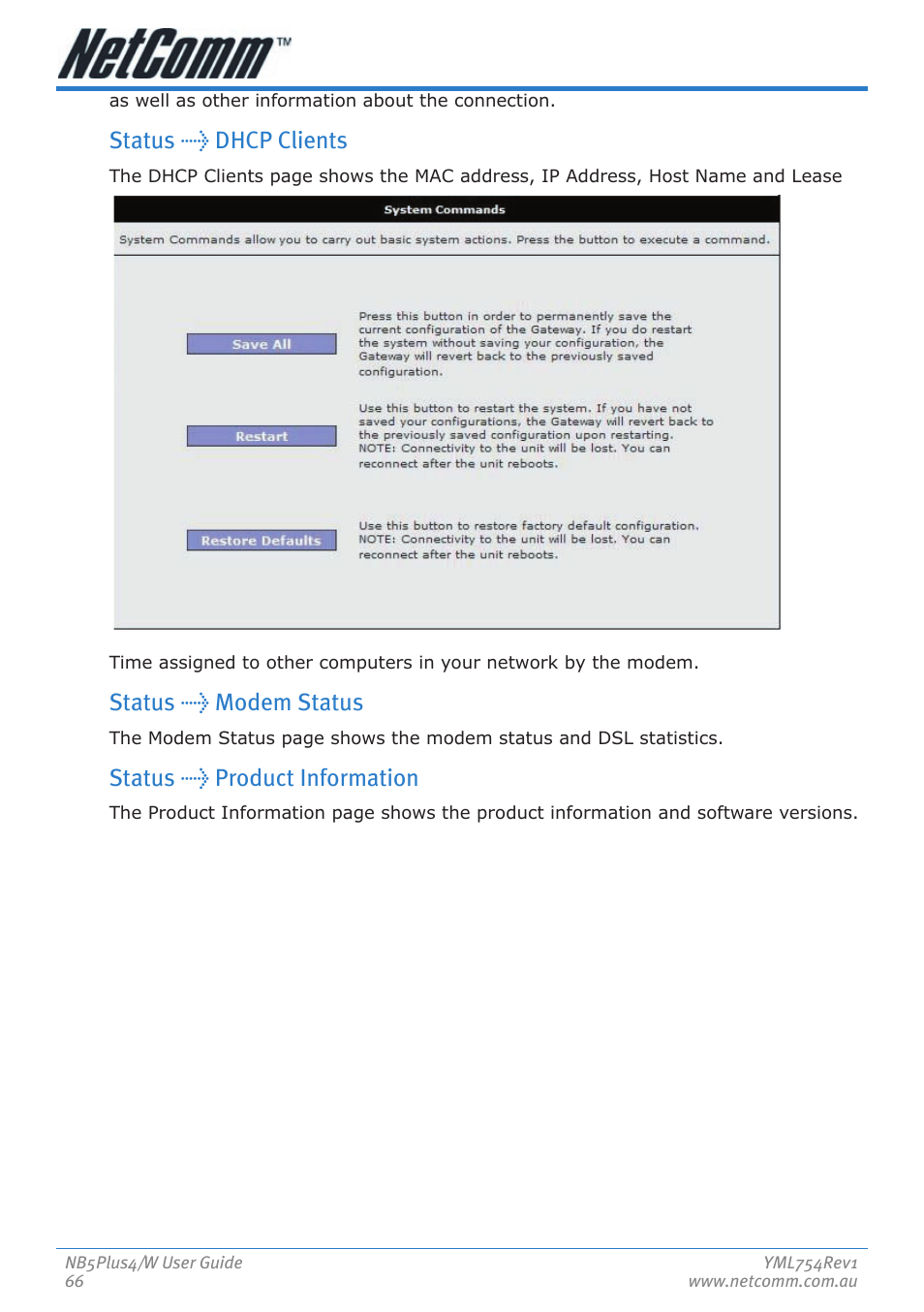 Status > dhcp clients, Status > modem status, Status > product information | Nortel Networks NB5PLUS4/W User Manual | Page 66 / 112