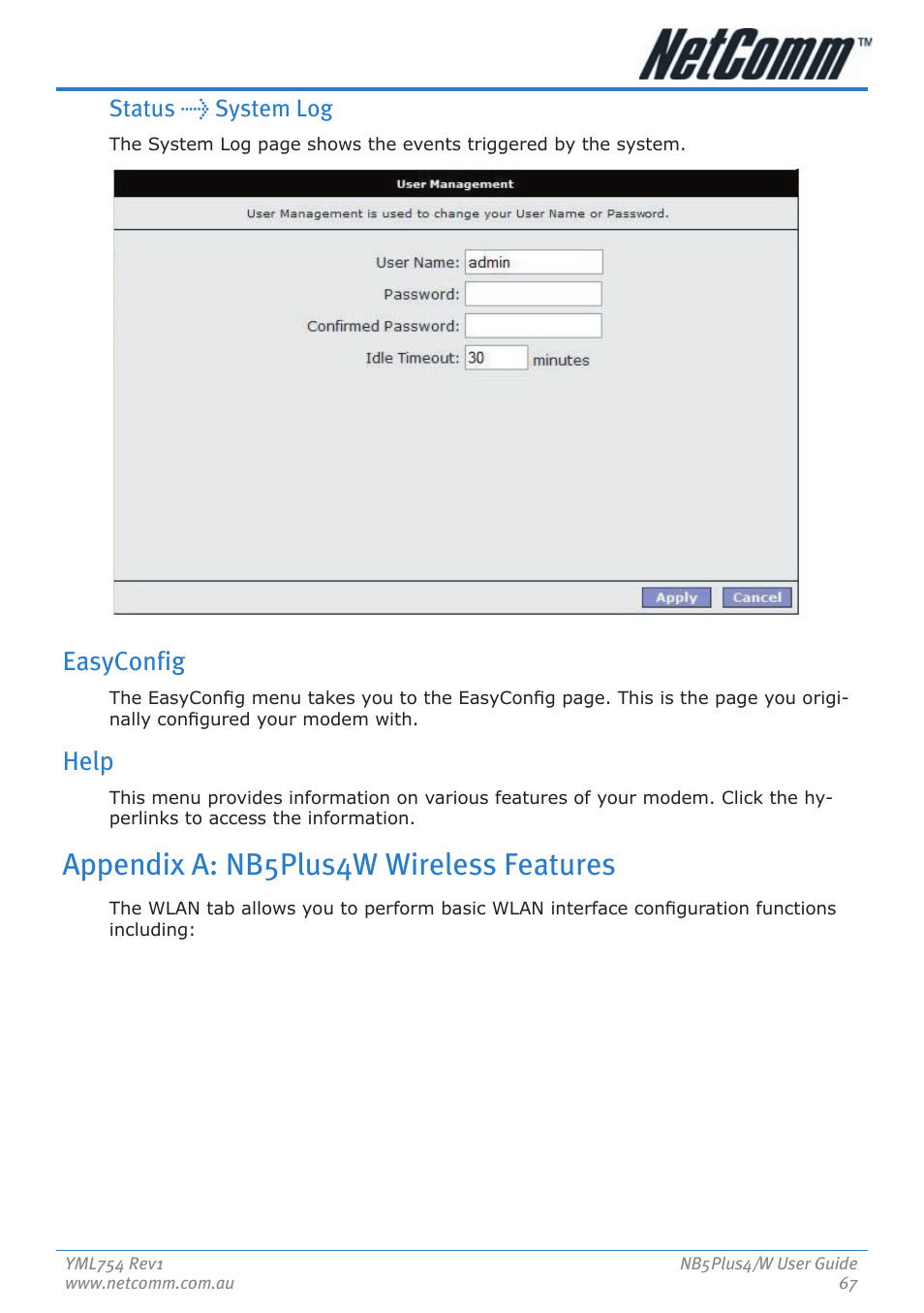 Appendix a: nb5plus4w wireless features, Easyconfig, Help | Status > system log | Nortel Networks NB5PLUS4/W User Manual | Page 67 / 112