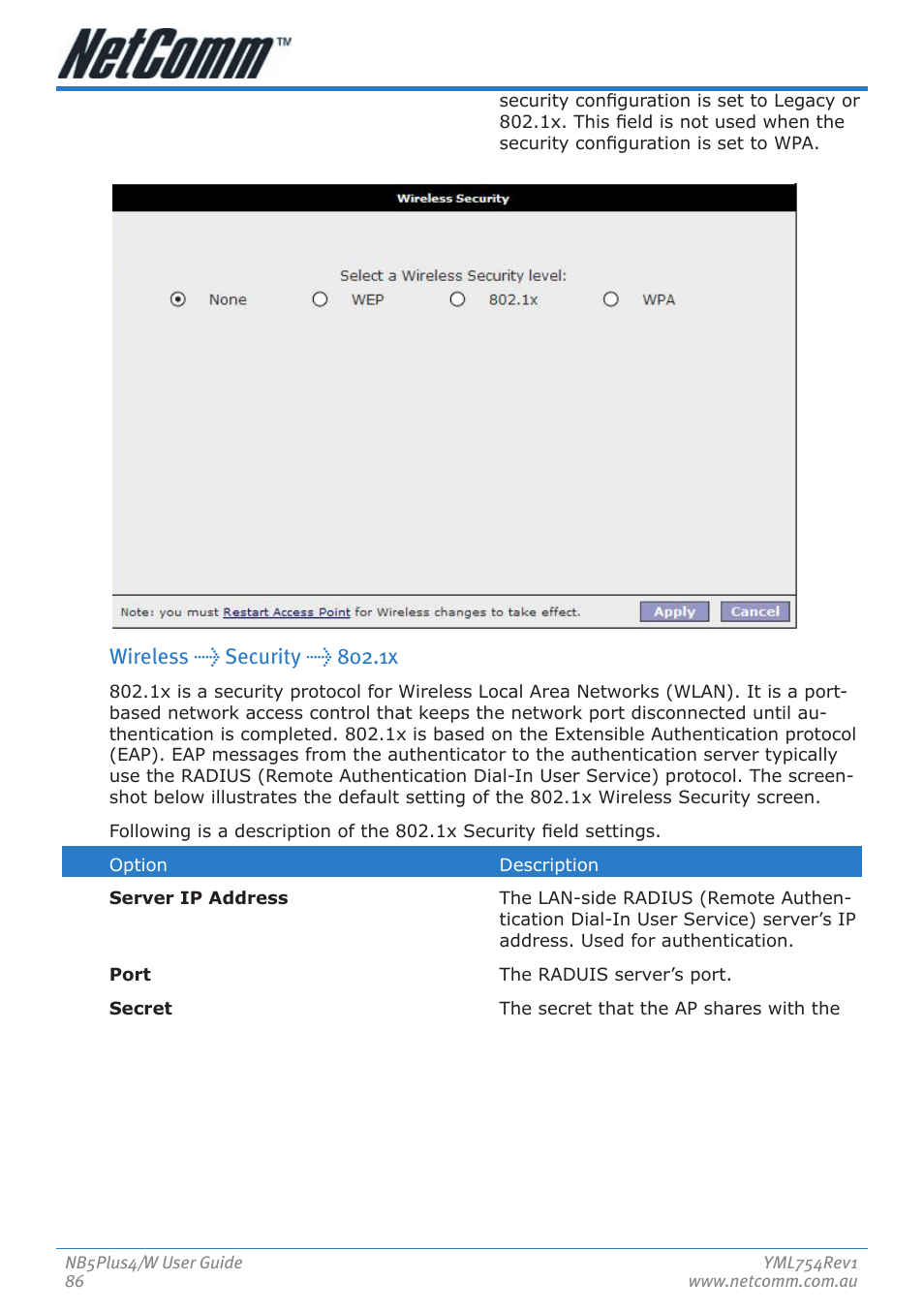 Wireless > security > 802.1x | Nortel Networks NB5PLUS4/W User Manual | Page 86 / 112