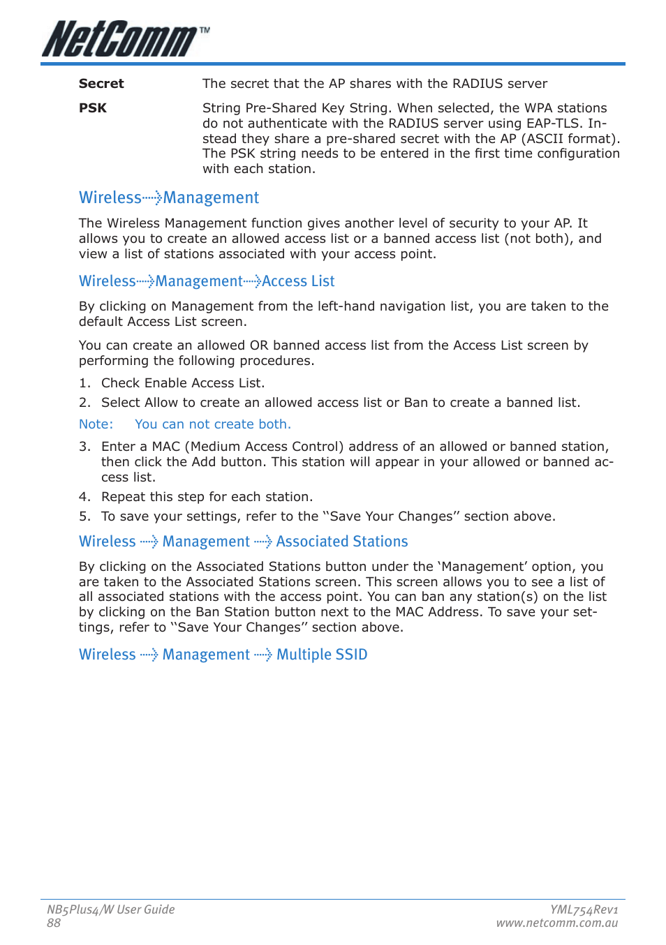 Wireless>management, Wireless>management>access list, Wireless > management > associated stations | Wireless > management > multiple ssid | Nortel Networks NB5PLUS4/W User Manual | Page 88 / 112