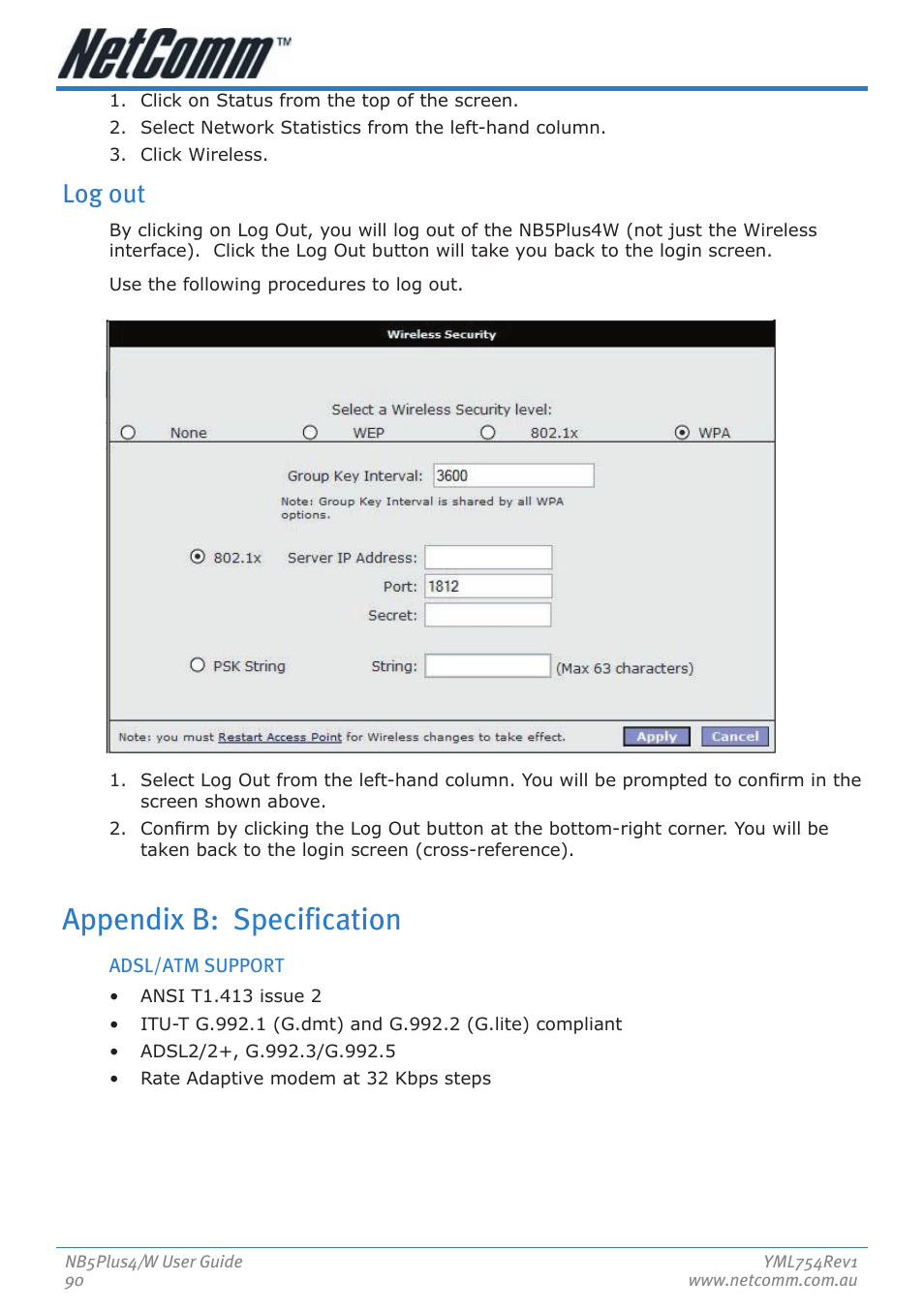 Appendix b: specification, Log out | Nortel Networks NB5PLUS4/W User Manual | Page 90 / 112