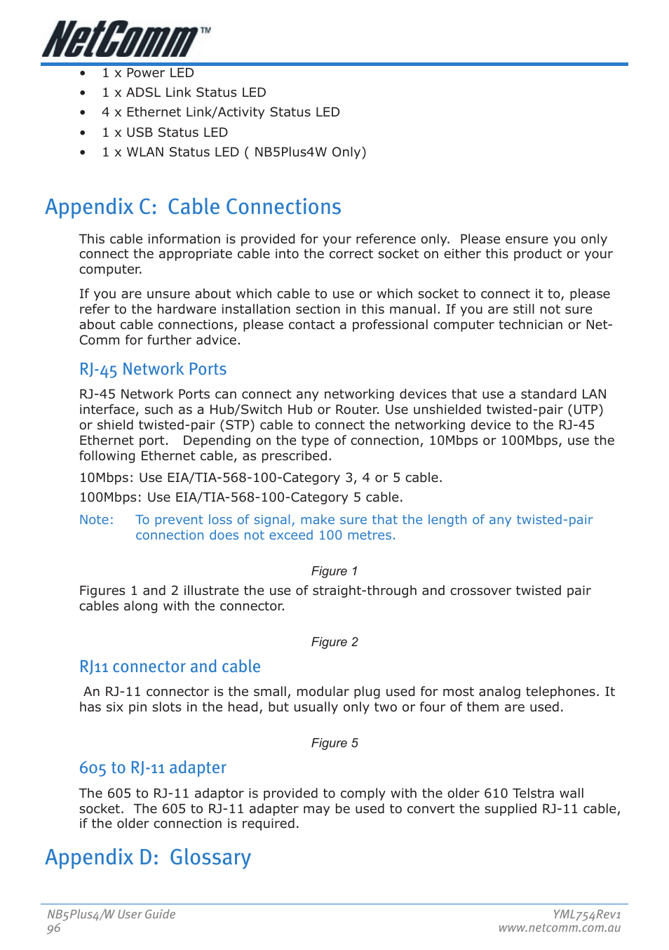 Appendix c: cable connections, Appendix d: glossary, Rj-45 network ports | Rj11 connector and cable | Nortel Networks NB5PLUS4/W User Manual | Page 96 / 112