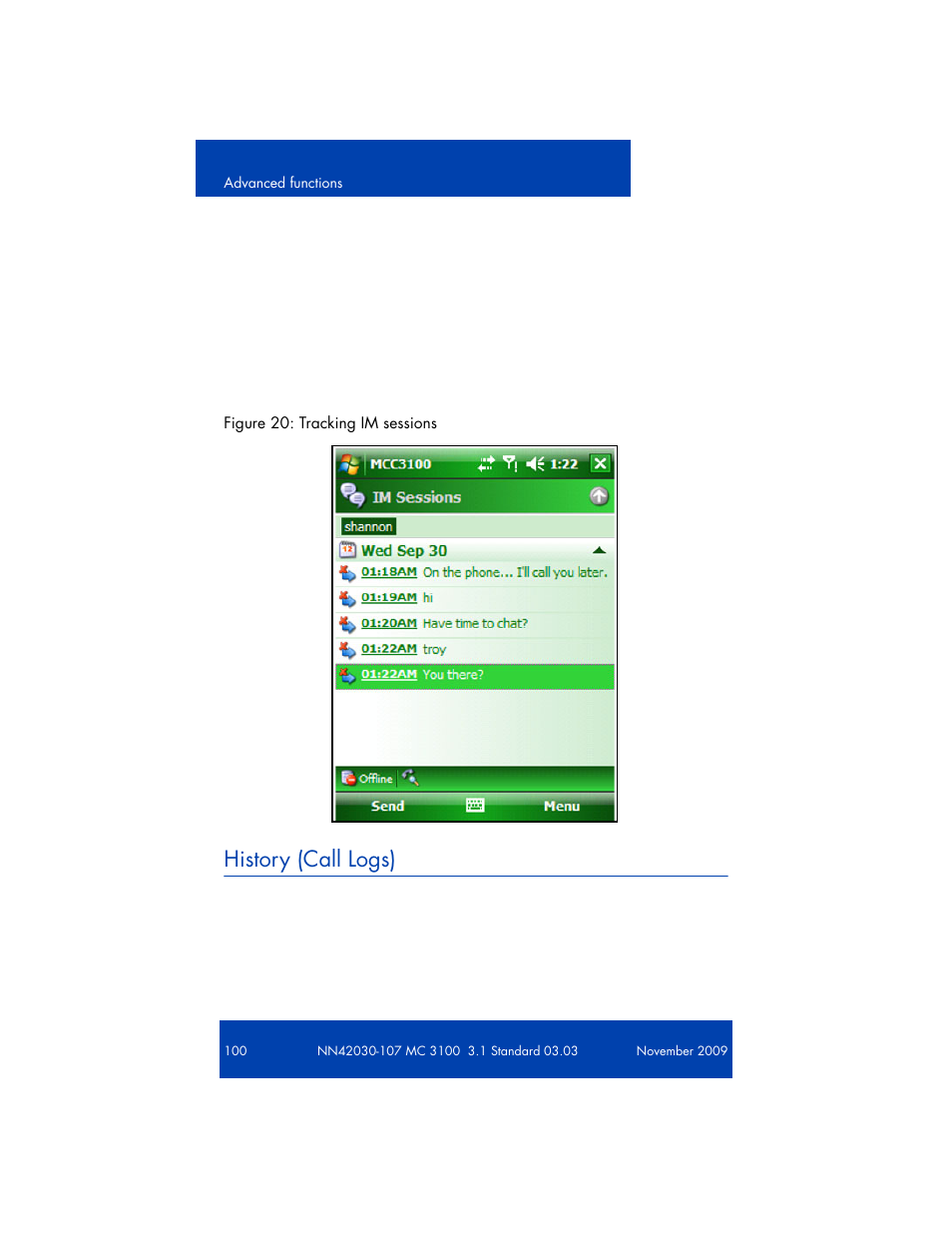 Managing im sessions, History (call logs), Tracking im sessions | Nortel Networks NN42030-107 User Manual | Page 100 / 112