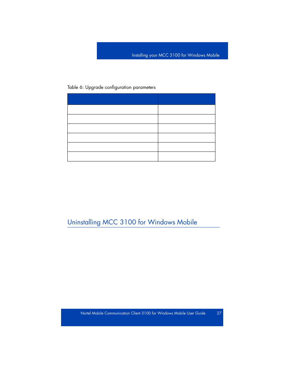 Upgrading mcc 3100 for a major release, Uninstalling mcc 3100 for windows mobile | Nortel Networks NN42030-107 User Manual | Page 27 / 112