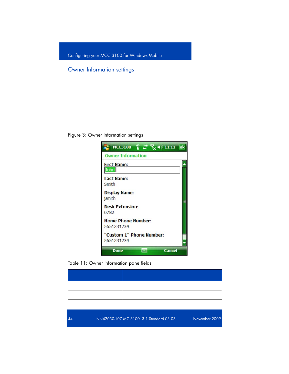 Configuring your owner information, Select menu, options, owner information | Nortel Networks NN42030-107 User Manual | Page 44 / 112