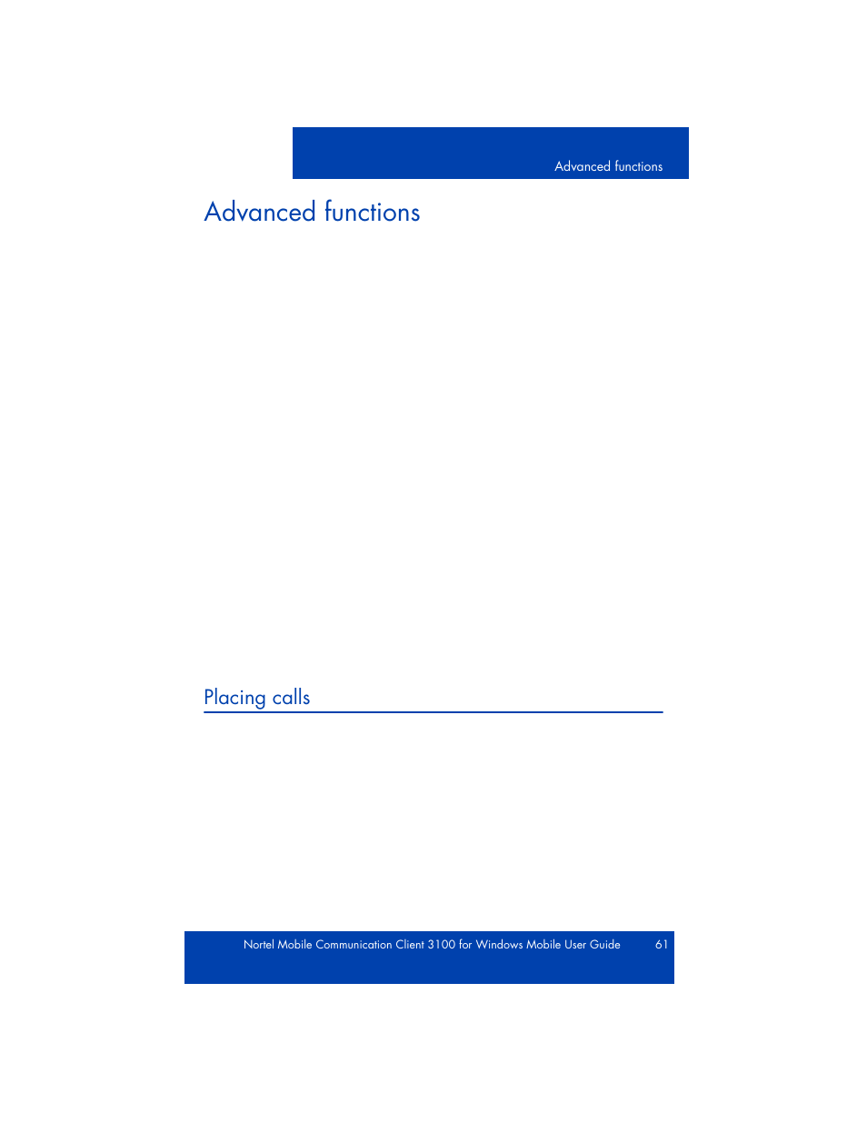 Advanced functions, Placing calls | Nortel Networks NN42030-107 User Manual | Page 61 / 112