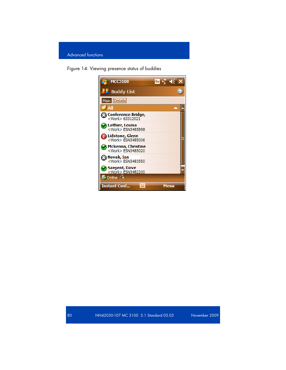 Viewing the presence status of a group of buddies, Buddy presence status indicators | Nortel Networks NN42030-107 User Manual | Page 80 / 112