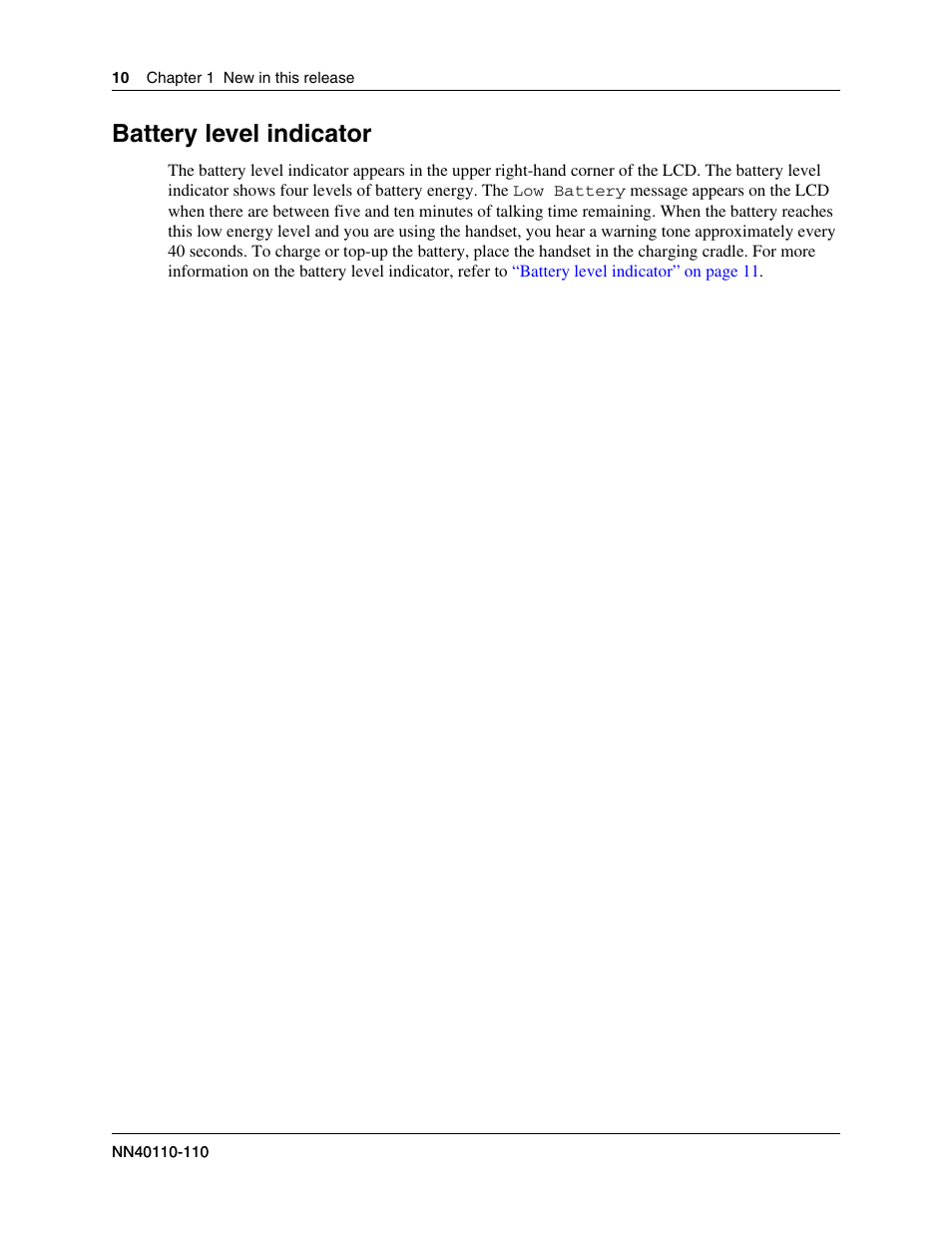 Battery level indicator | Nortel Networks T7406E User Manual | Page 10 / 34