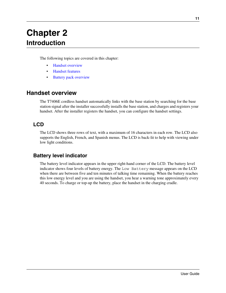 Introduction, Handset overview, Battery level indicator | Chapter 2 | Nortel Networks T7406E User Manual | Page 11 / 34