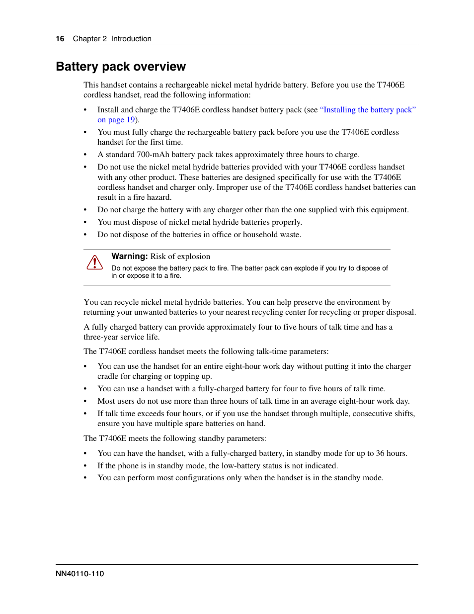 Battery pack overview | Nortel Networks T7406E User Manual | Page 16 / 34