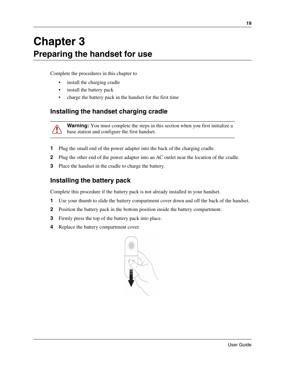 Preparing the handset for use, Installing the battery pack, Chapter 3 | Nortel Networks T7406E User Manual | Page 19 / 34