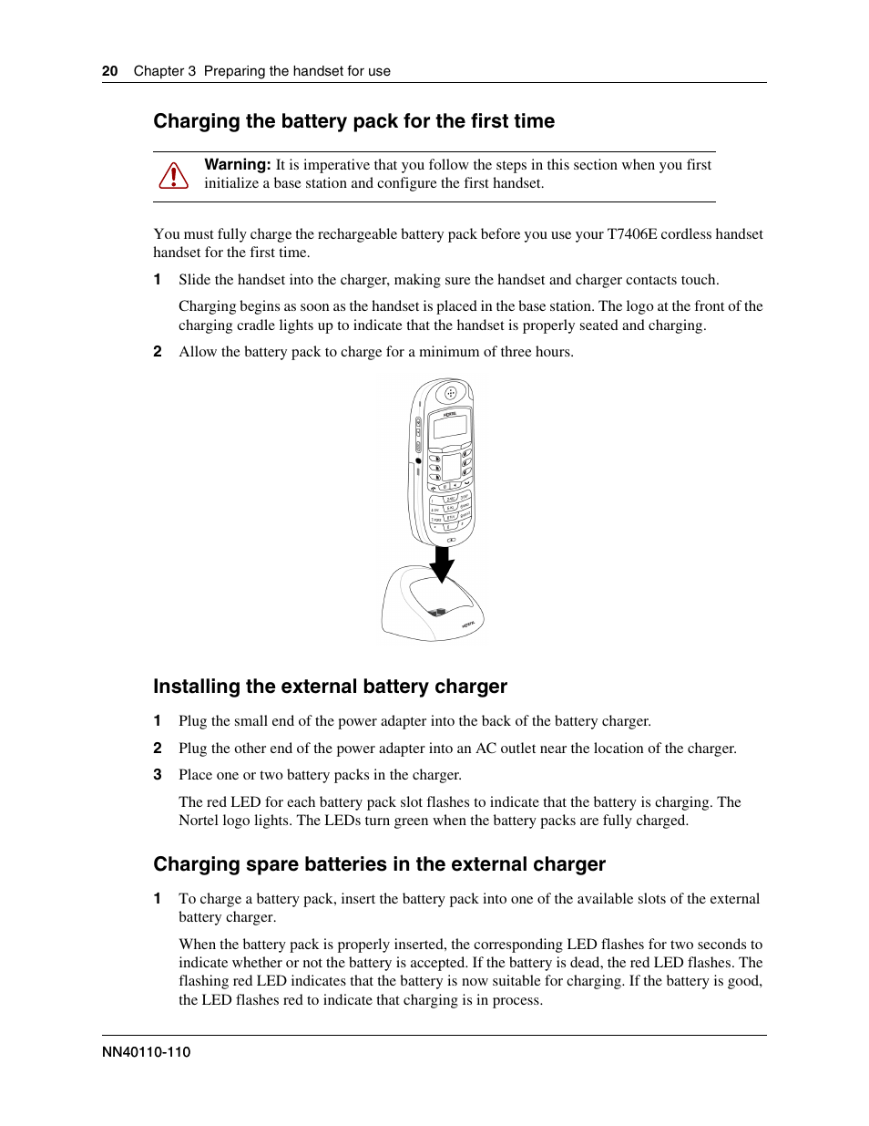 Charging the battery pack for the first time, Installing the external battery charger, Charging spare batteries in the external charger | Nortel Networks T7406E User Manual | Page 20 / 34
