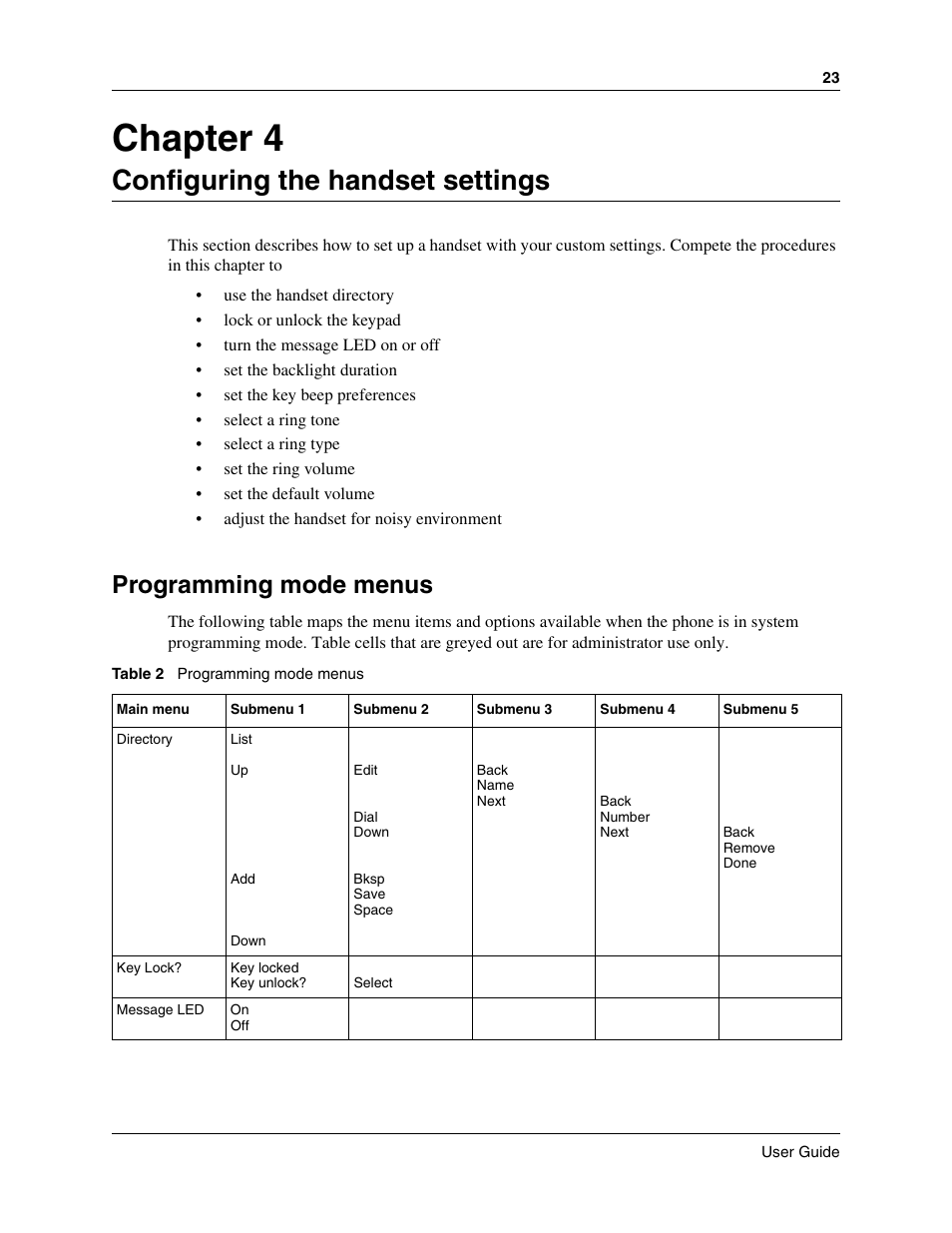 Configuring the handset settings, Programming mode menus, Chapter 4 | Nortel Networks T7406E User Manual | Page 23 / 34