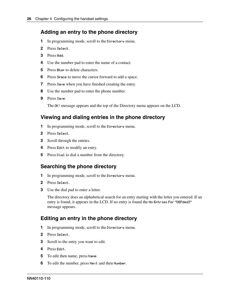 Adding an entry to the phone directory, Viewing and dialing entries in the phone directory, Searching the phone directory | Editing an entry in the phone directory | Nortel Networks T7406E User Manual | Page 26 / 34