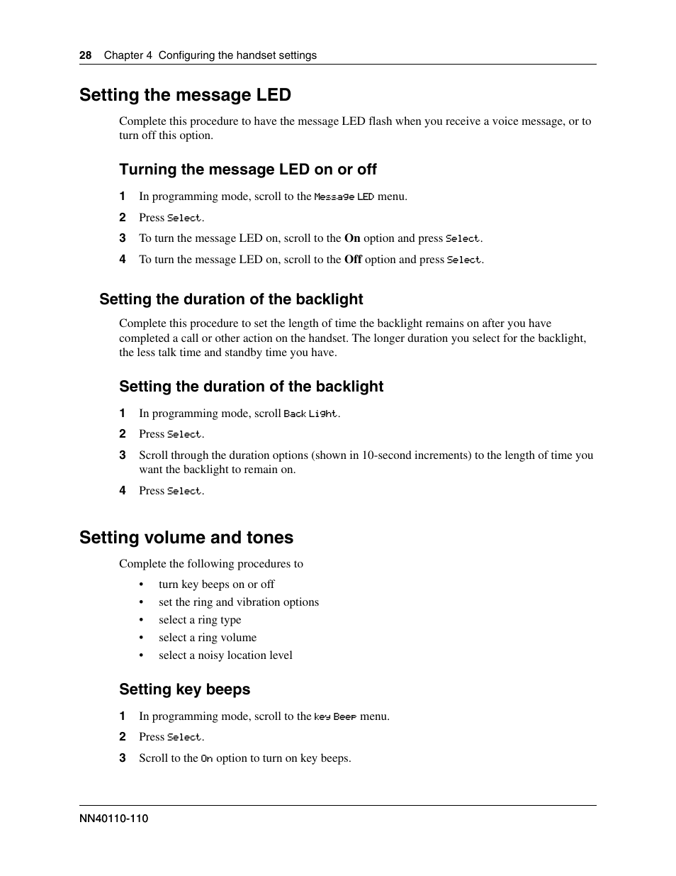 Setting the message led, Setting the duration of the backlight, Setting volume and tones | Turning the message led on or off, Setting key beeps | Nortel Networks T7406E User Manual | Page 28 / 34