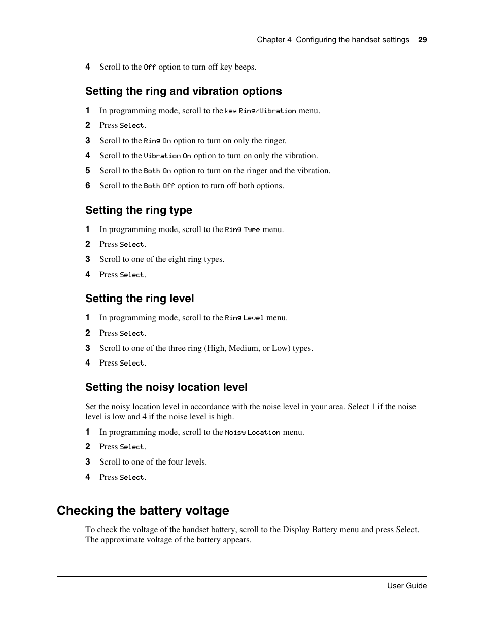 Checking the battery voltage, Setting the ring, Setting the ring and vibration options | Setting the ring type, Setting the ring level, Setting the noisy location level | Nortel Networks T7406E User Manual | Page 29 / 34