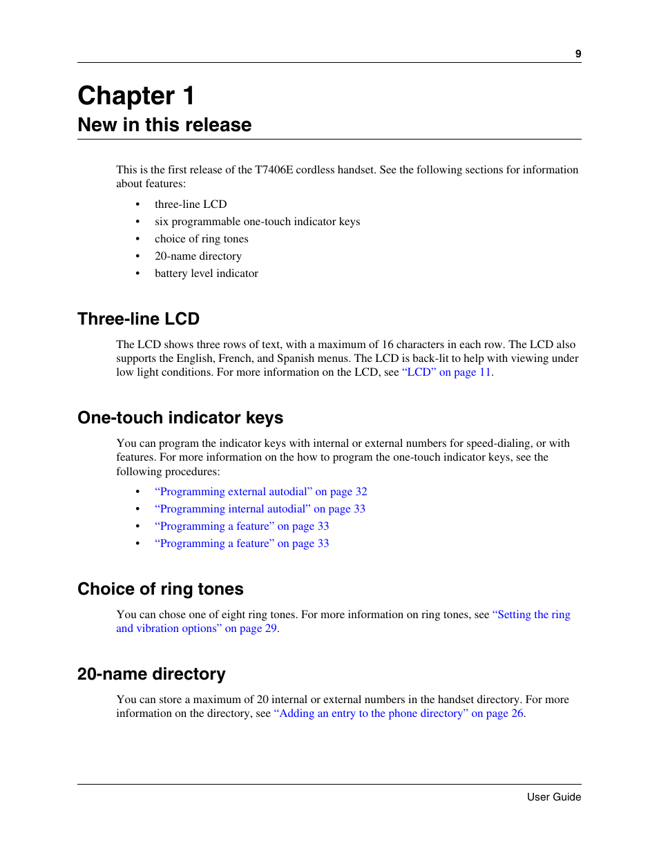 New in this release, Three-line lcd, One-touch indicator keys | Choice of ring tones, Name directory, Chapter 1 | Nortel Networks T7406E User Manual | Page 9 / 34
