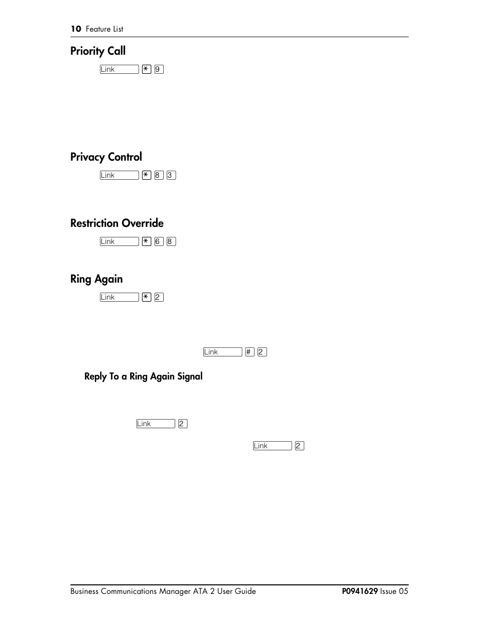 Priority call, Privacy control, Restriction override | Ring again, Reply to a ring again signal 10 | Nortel Networks ATA 2 User Manual | Page 10 / 16
