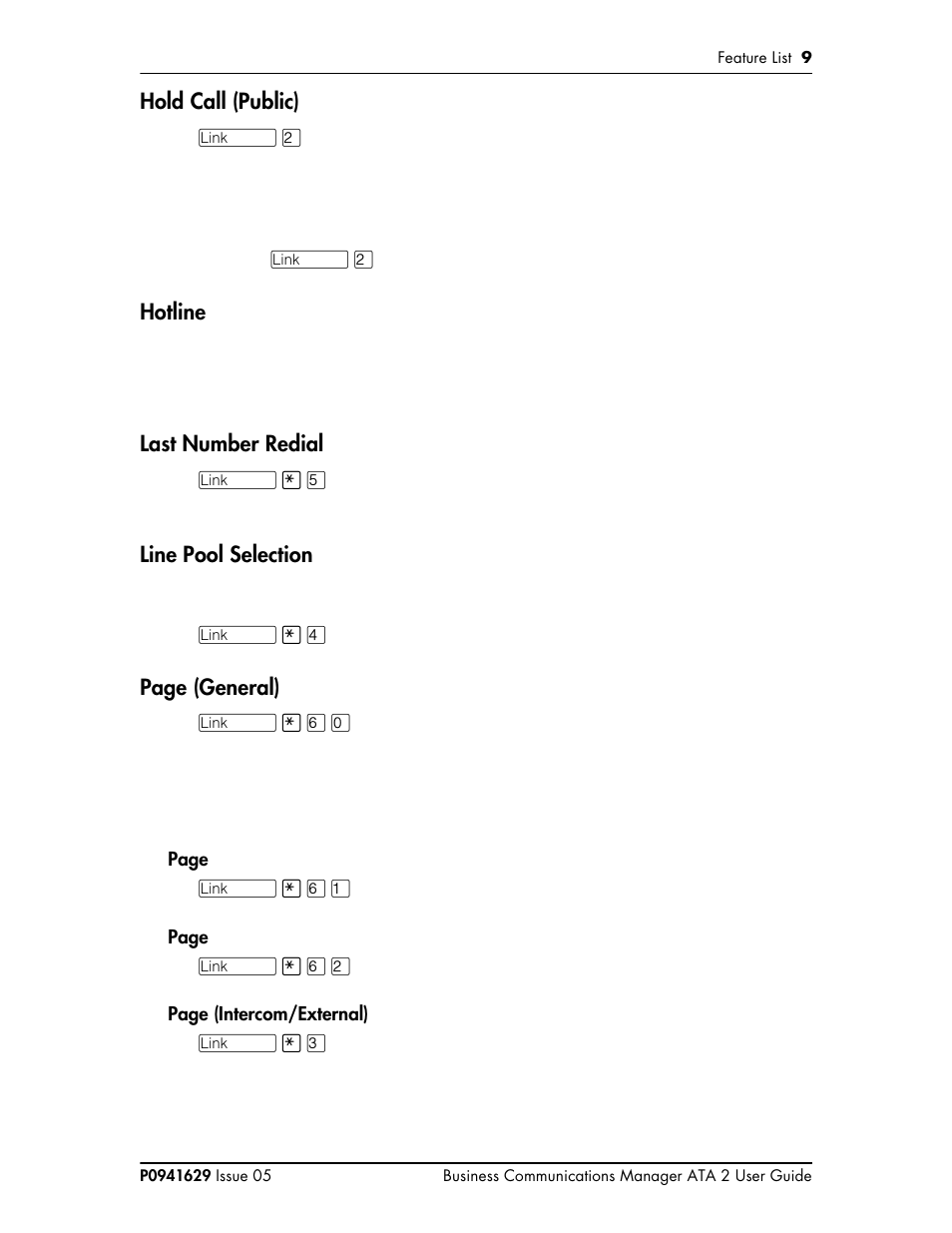 Hold call (public), Hotline, Last number redial | Line pool selection | Nortel Networks ATA 2 User Manual | Page 9 / 16