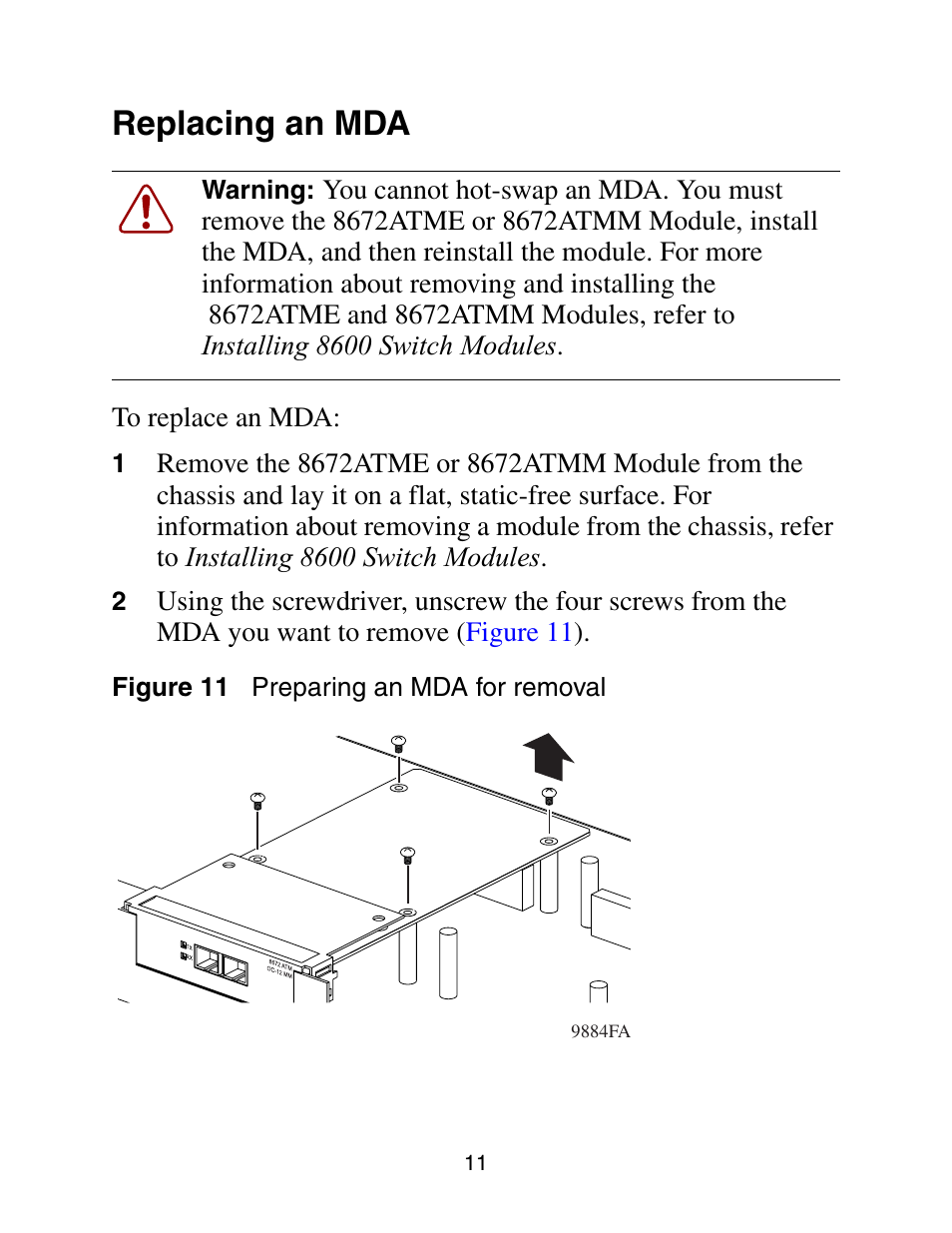 Replacing an mda | Nortel Networks 8672ATMM User Manual | Page 13 / 26