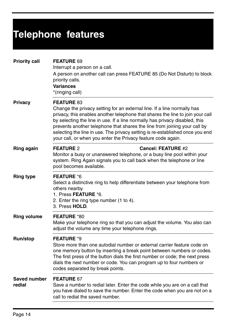 Telephone features | Nortel Networks BCM 450 User Manual | Page 14 / 21