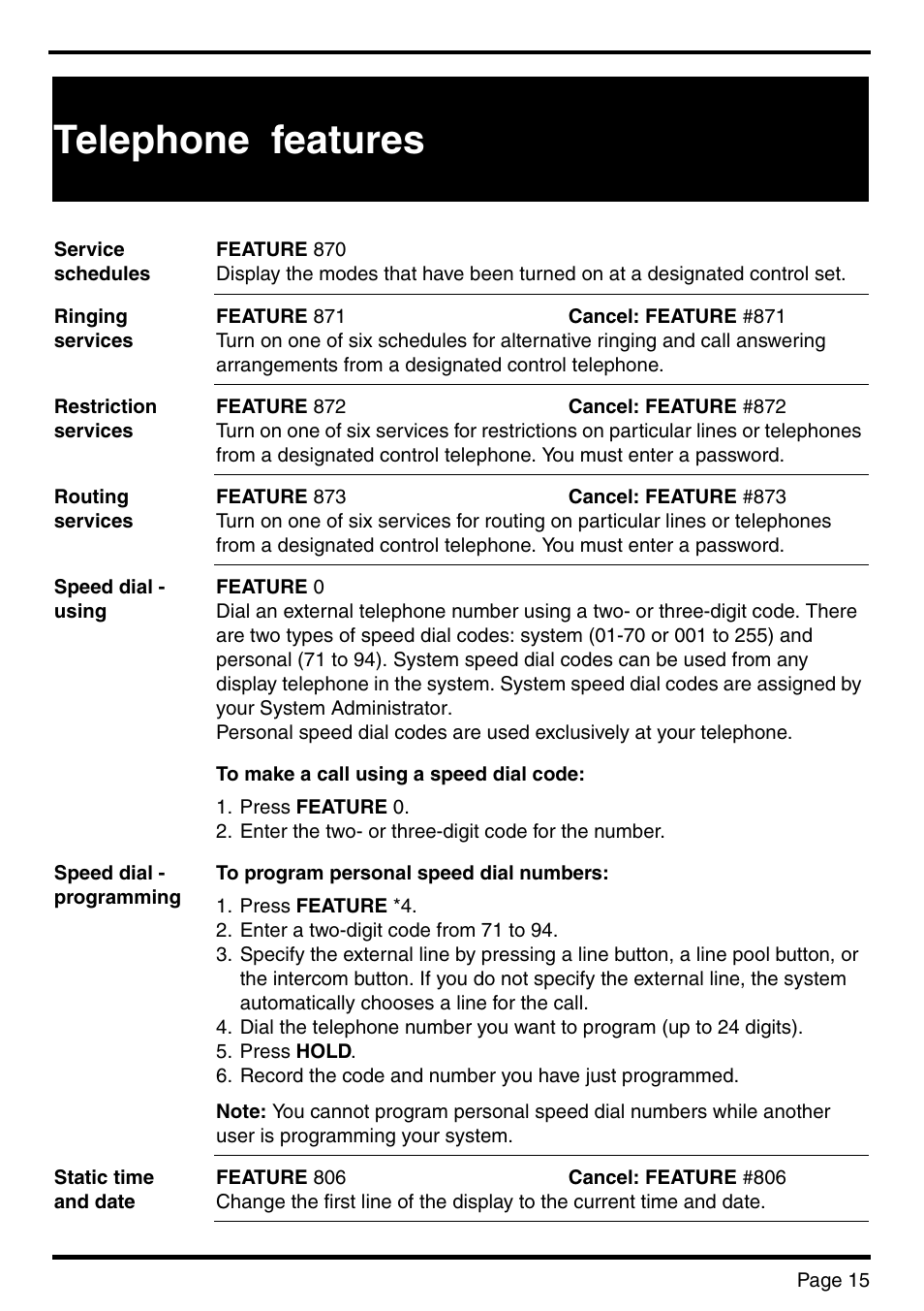 Telephone features | Nortel Networks BCM 450 User Manual | Page 15 / 21