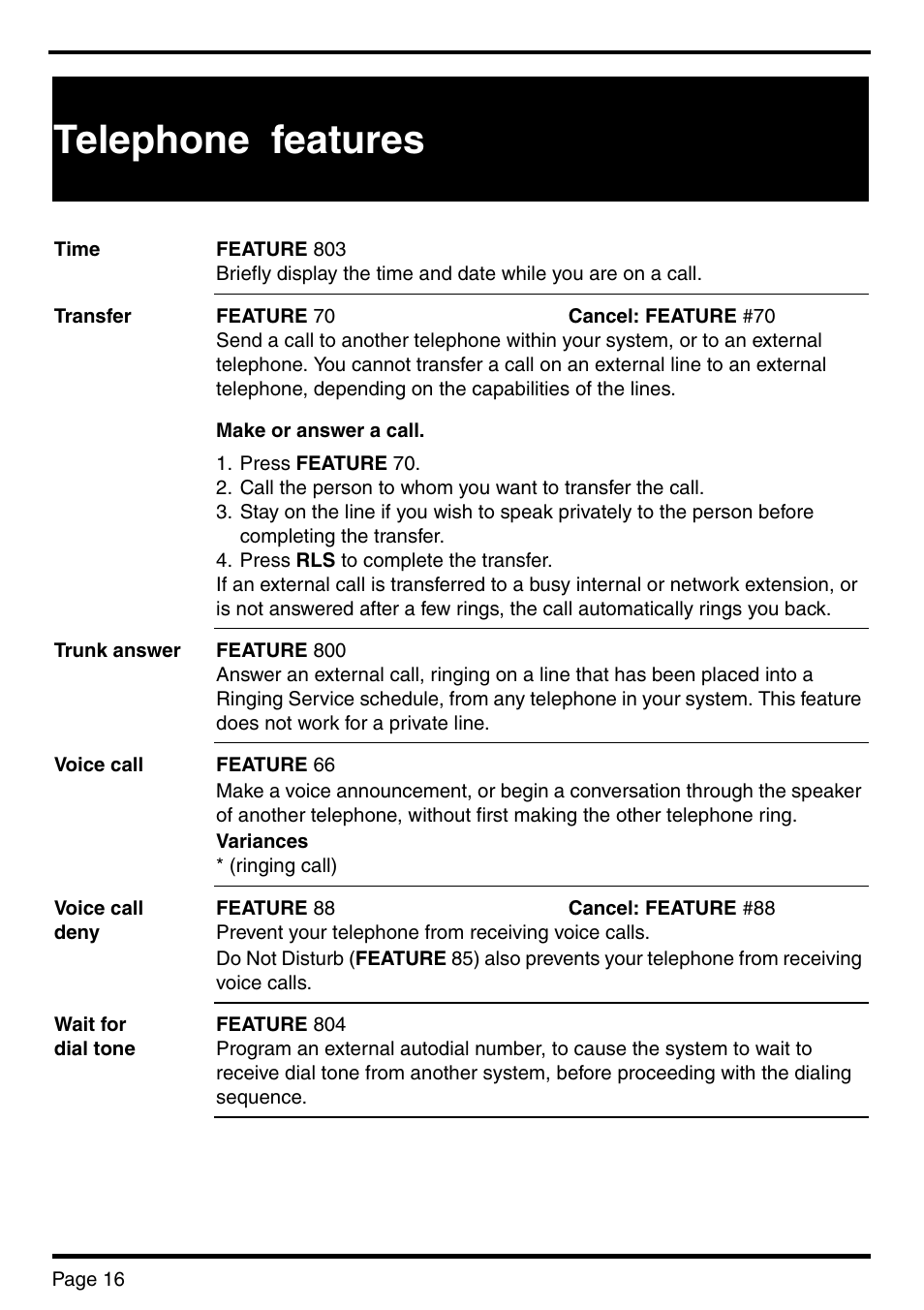 Telephone features | Nortel Networks BCM 450 User Manual | Page 16 / 21