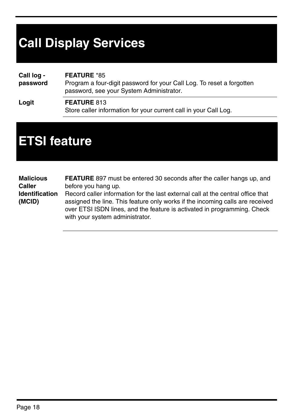 Etsi feature, Call display services | Nortel Networks BCM 450 User Manual | Page 18 / 21