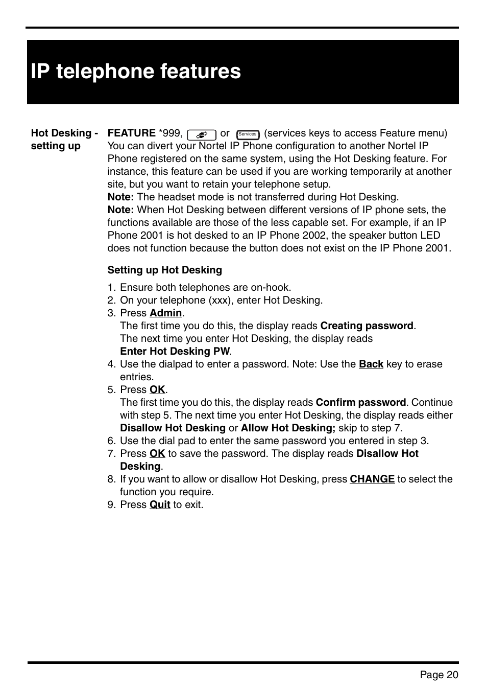Ip telephone features | Nortel Networks BCM 450 User Manual | Page 20 / 21