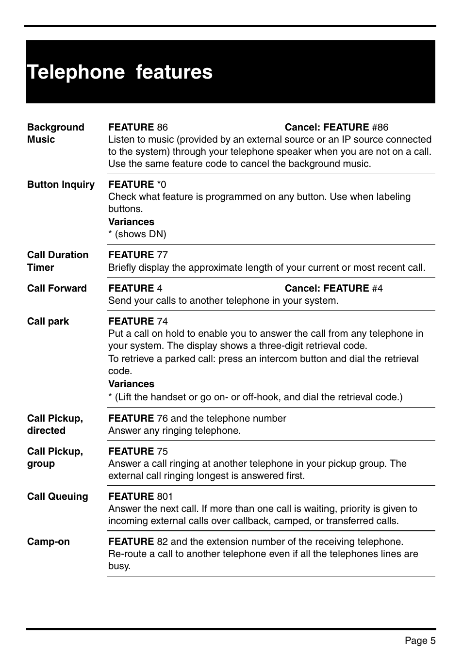 Telephone features | Nortel Networks BCM 450 User Manual | Page 5 / 21