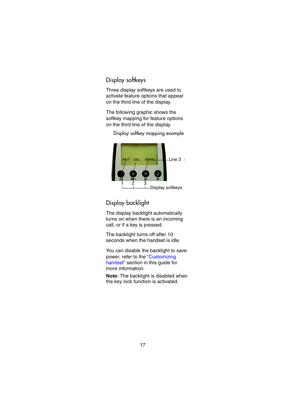Display softkeys, Display backlight | Nortel Networks 414X User Manual | Page 17 / 52