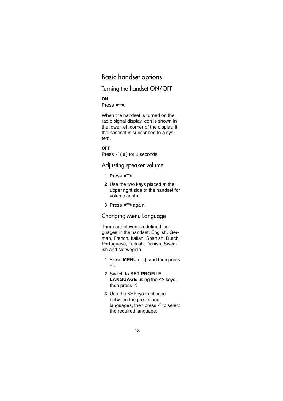 Basic handset options, Turning the handset on/off, Adjusting speaker volume | Changing menu language | Nortel Networks 414X User Manual | Page 18 / 52