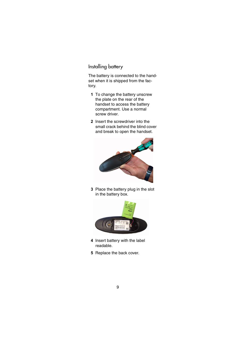 Installing battery | Nortel Networks 414X User Manual | Page 9 / 52