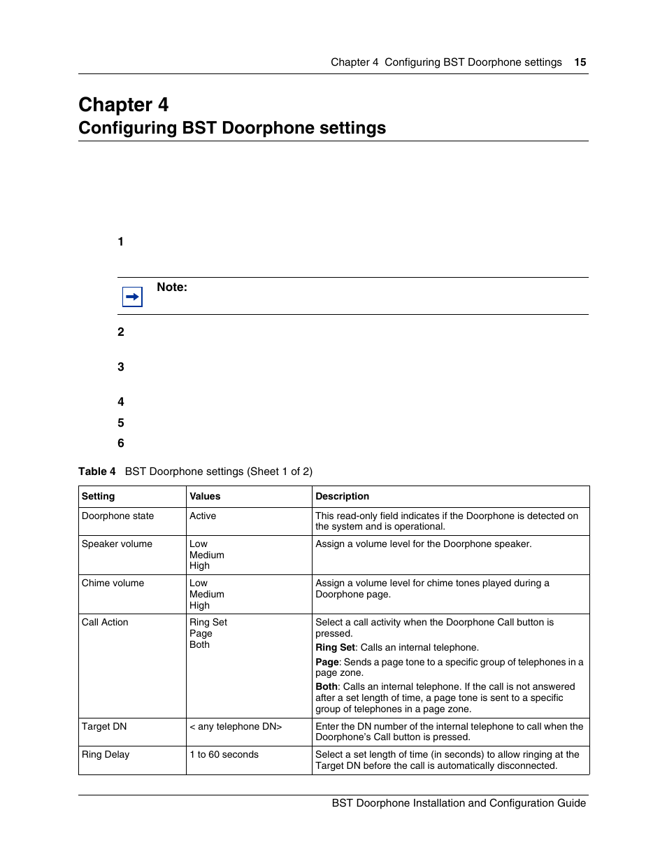 Configuring bst doorphone settings, Chapter 4 | Nortel Networks BST Doorphone User Manual | Page 15 / 18