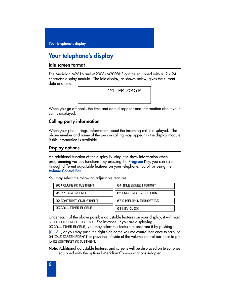 Your telephone’s display, Idle screen format, Calling party information | Display options | Nortel Networks M2006 User Manual | Page 12 / 74