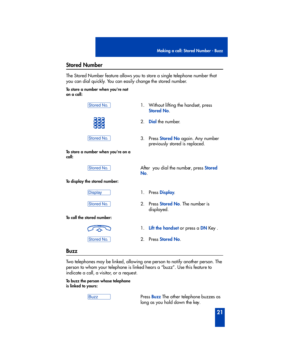Stored number, Buzz | Nortel Networks M2006 User Manual | Page 27 / 74