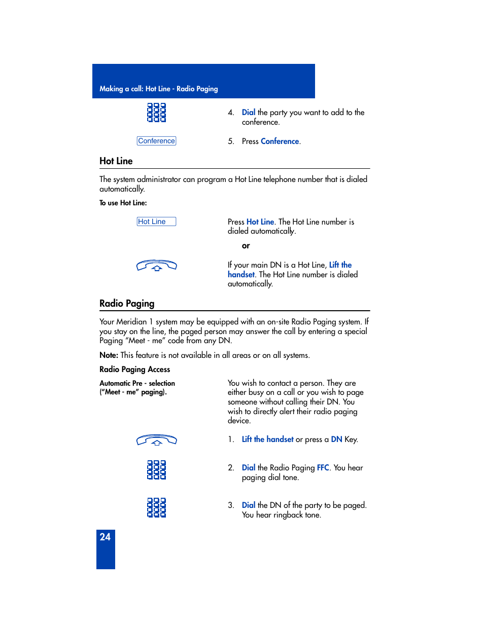 Hot line, Radio paging | Nortel Networks M2006 User Manual | Page 30 / 74