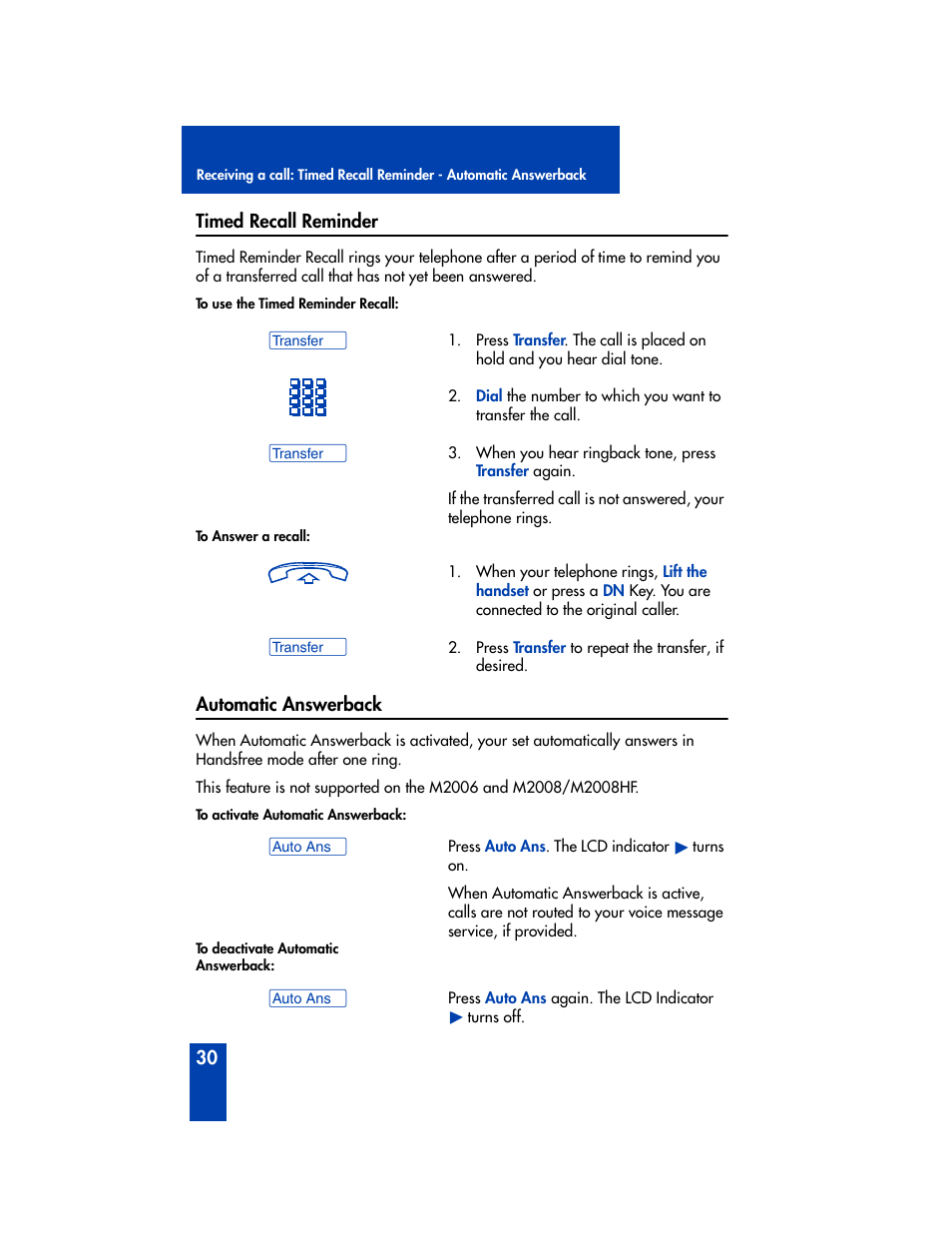 Timed recall reminder, Automatic answerback | Nortel Networks M2006 User Manual | Page 36 / 74