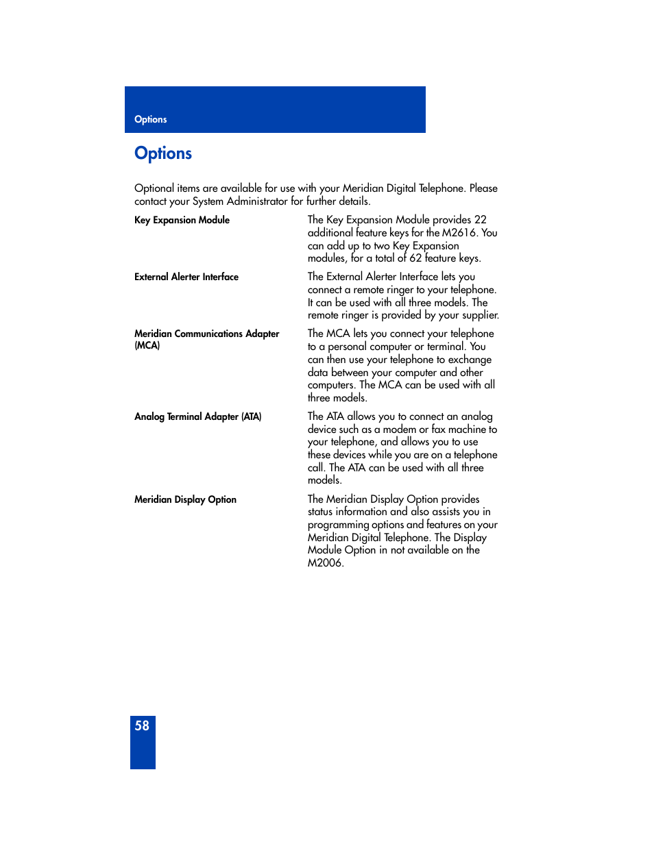 Options | Nortel Networks M2006 User Manual | Page 64 / 74