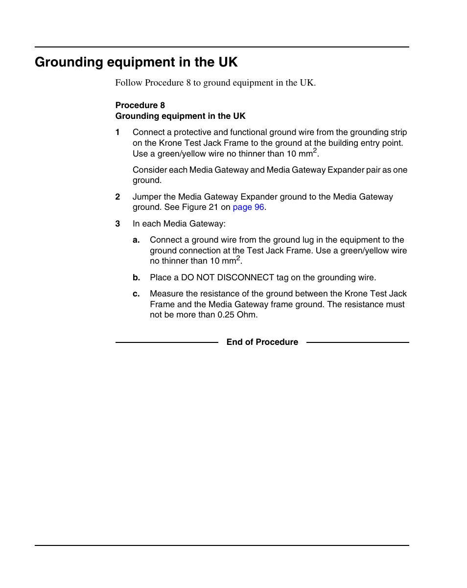 Grounding equipment in the uk, Procedure 8 grounding equipment in the uk, Procedure 8: "grounding equipment in the uk" on | Nortel Networks 1000E User Manual | Page 100 / 468