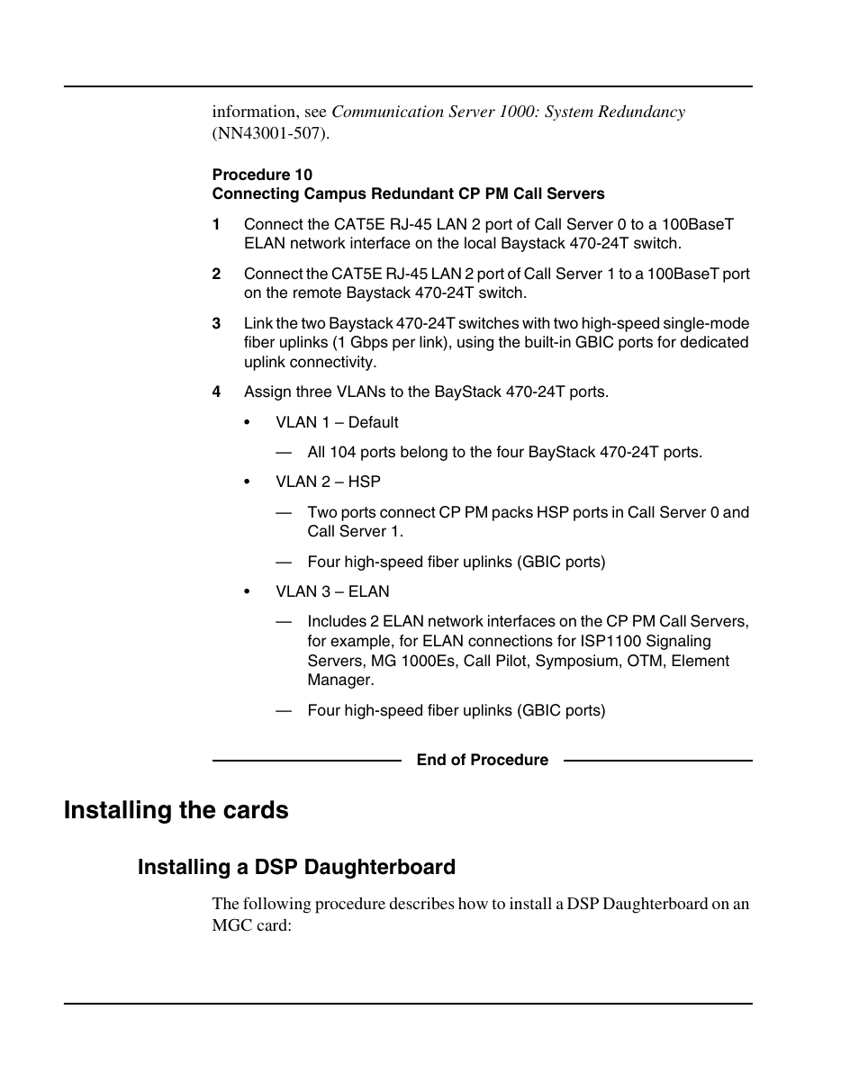 Installing the cards, Installing a dsp daughterboard, Procedure 10 | Nortel Networks 1000E User Manual | Page 104 / 468