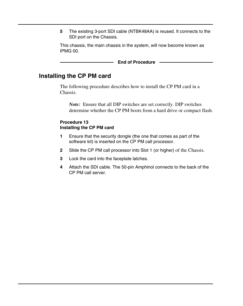 Installing the cp pm card, Procedure 13 installing the cp pm card, Procedure 13: "installing the cp pm card" on | Nortel Networks 1000E User Manual | Page 106 / 468