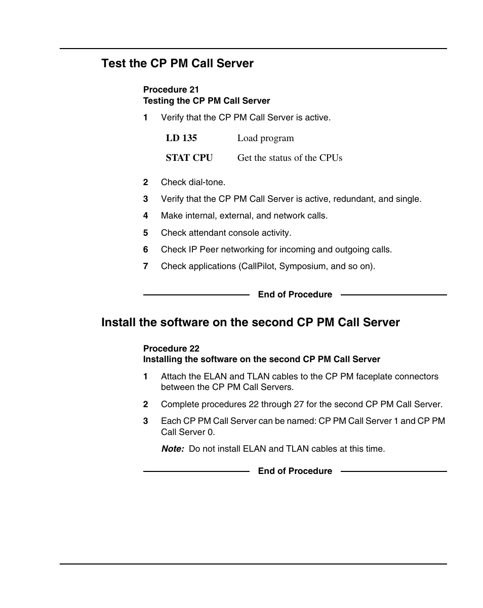 Test the cp pm call server, Procedure 21 testing the cp pm call server | Nortel Networks 1000E User Manual | Page 133 / 468