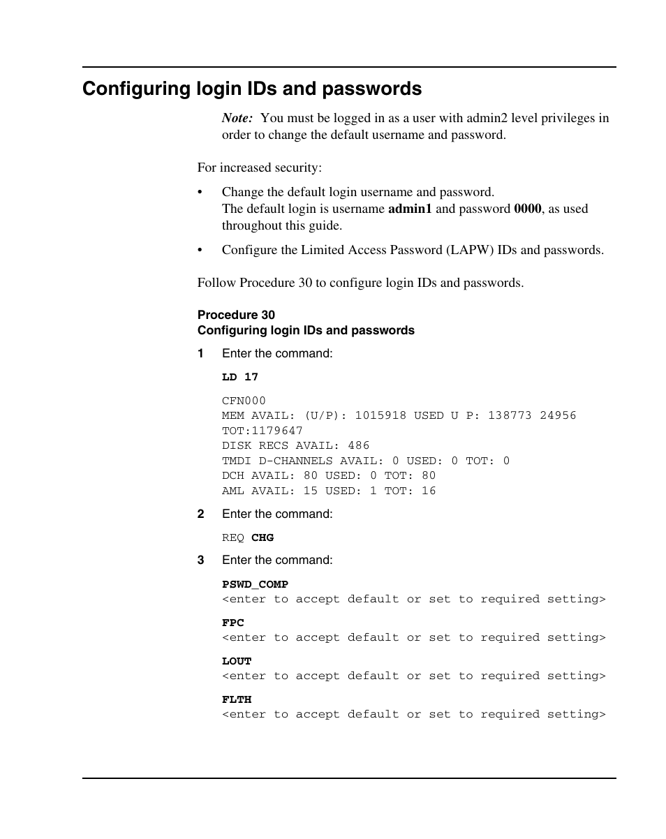 Configuring login ids and passwords, Procedure 30 configuring login ids and passwords | Nortel Networks 1000E User Manual | Page 153 / 468