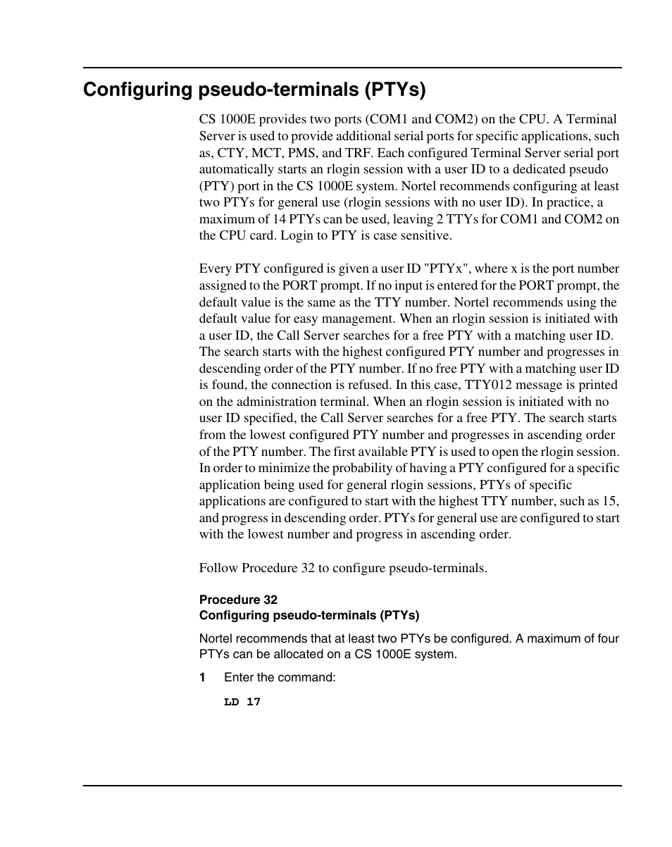 Configuring pseudo-terminals (ptys), Procedure 32 configuring pseudo-terminals (ptys) | Nortel Networks 1000E User Manual | Page 157 / 468